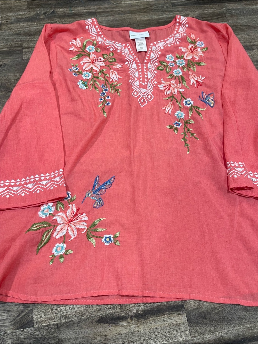 Alfred Dunner XL Coral Embroidered Tunic Top Boho Floral Cottagecore 3/4 Sleeve